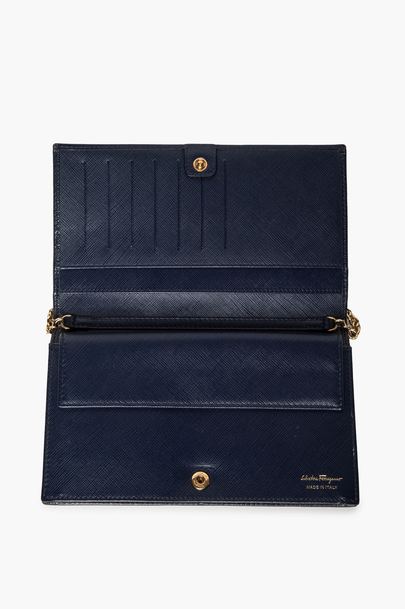Salvatore Ferragamo Navy Saffiano Leather Vara Bow Chain Wallet