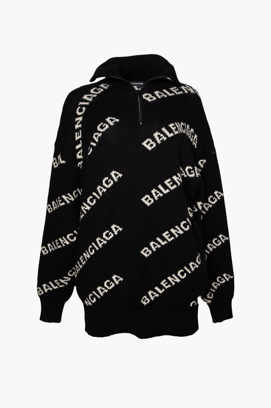 Balenciaga Black Oversized Logo-Intarsia Half-Zip Sweater