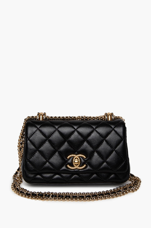 Chanel 24A Black Shiny Lambskin Gold Chain Mini Flap Bag
