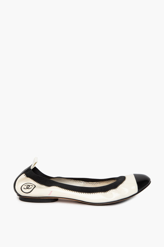 Chanel Black/White Patent leather CC Cap Toe Ballet Flats Size 37