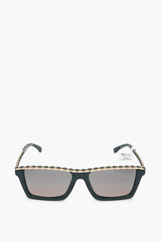 Chanel Rectangle Olive Calfskin CC Logo Polarized Sunglasses