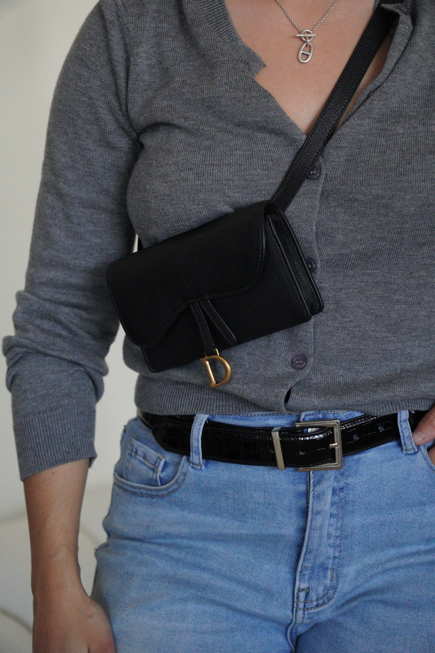 Dior saddle belt black leather bag