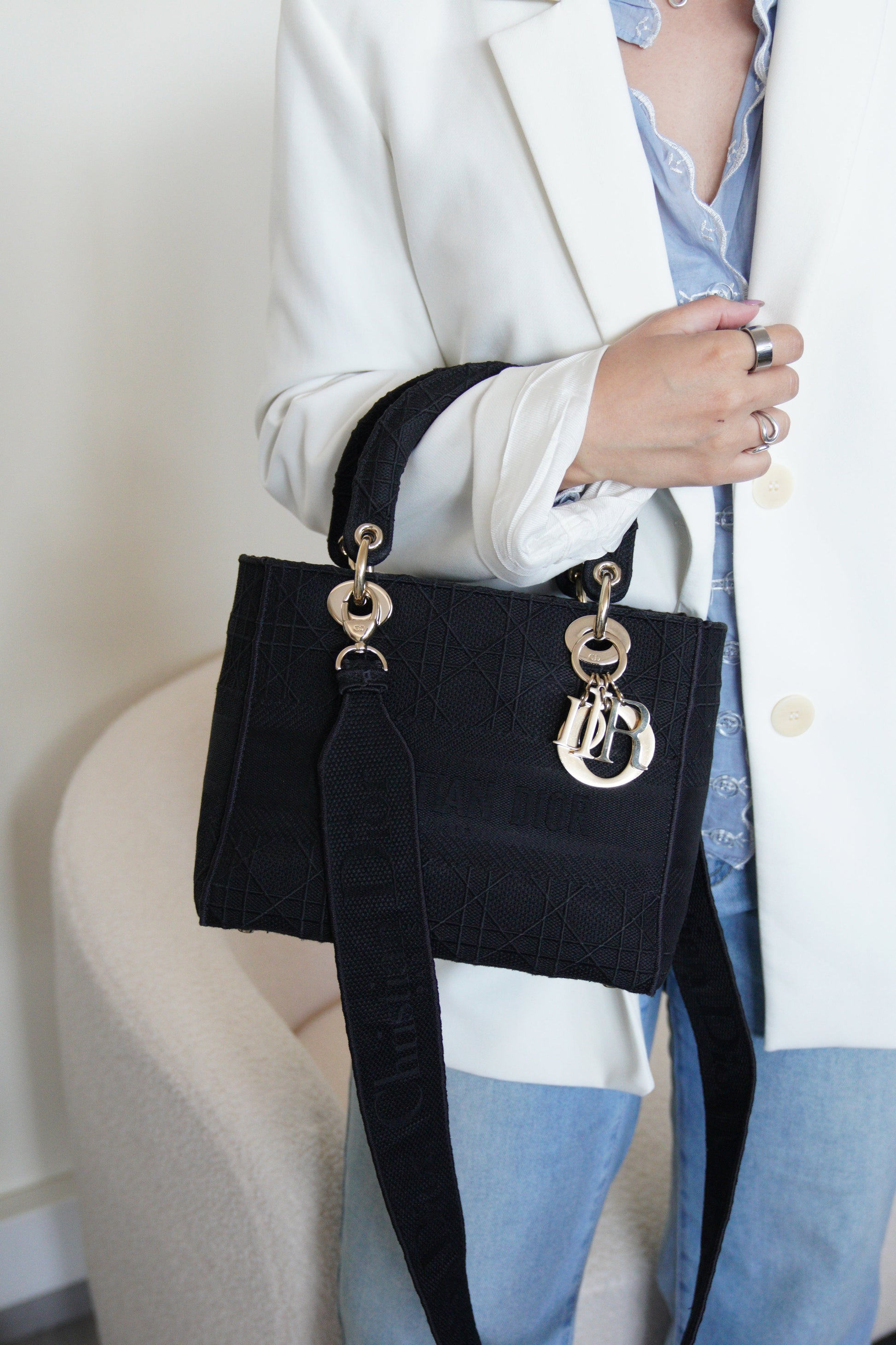 Lady Dior D-lite Black medium fabric bag