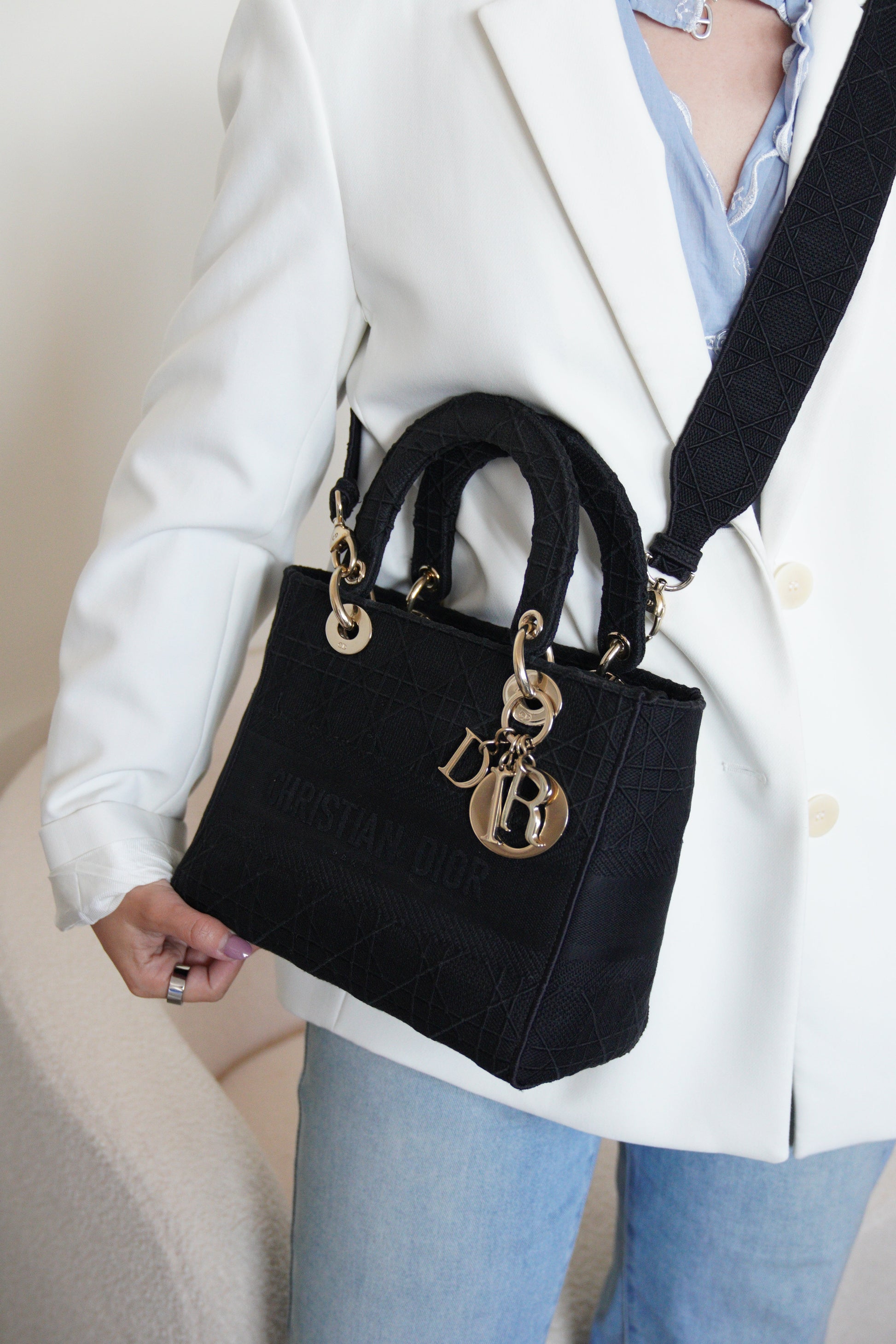Lady Dior D-lite Black medium fabric bag