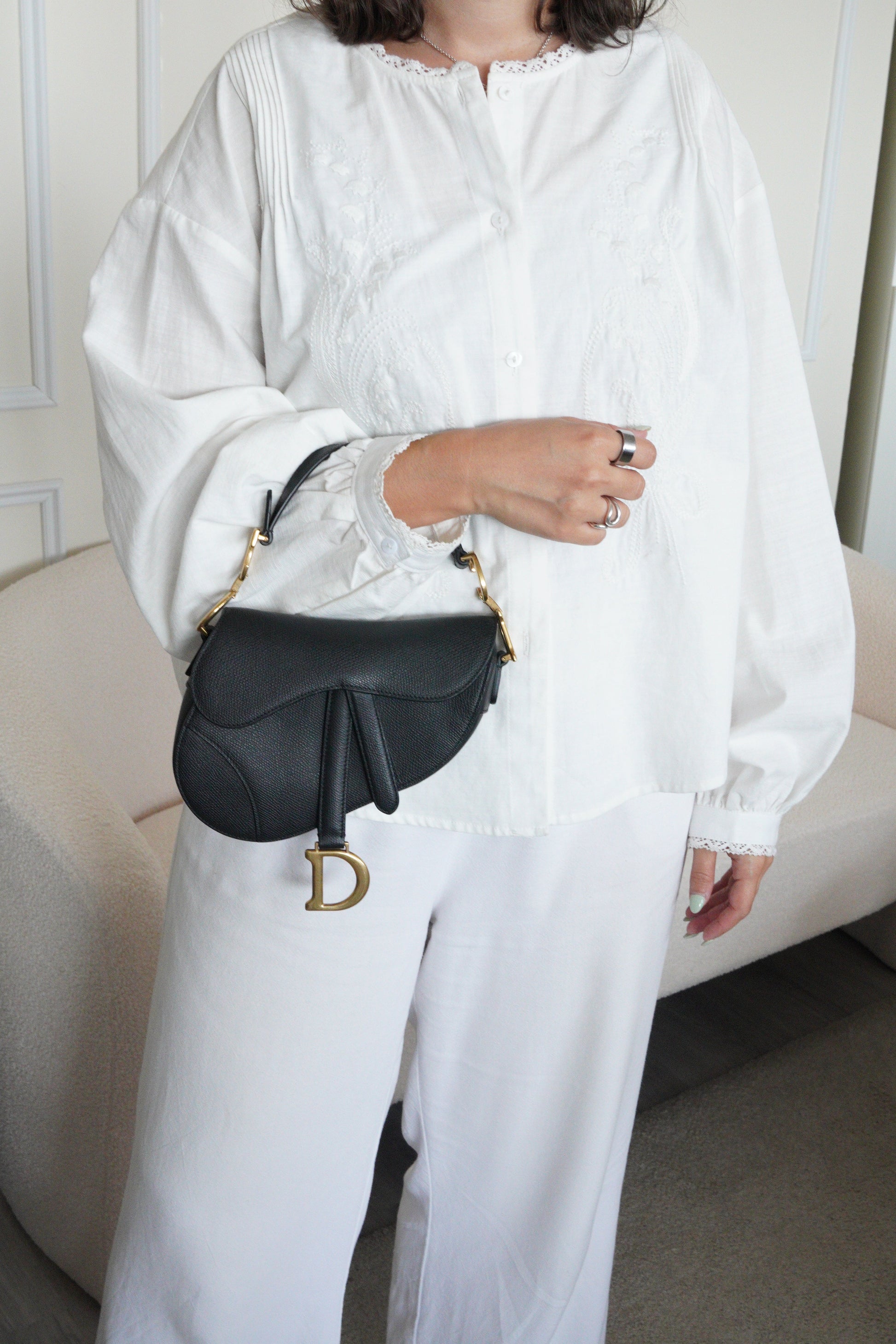 Dior Mini Saddle bag black grained leather with strap