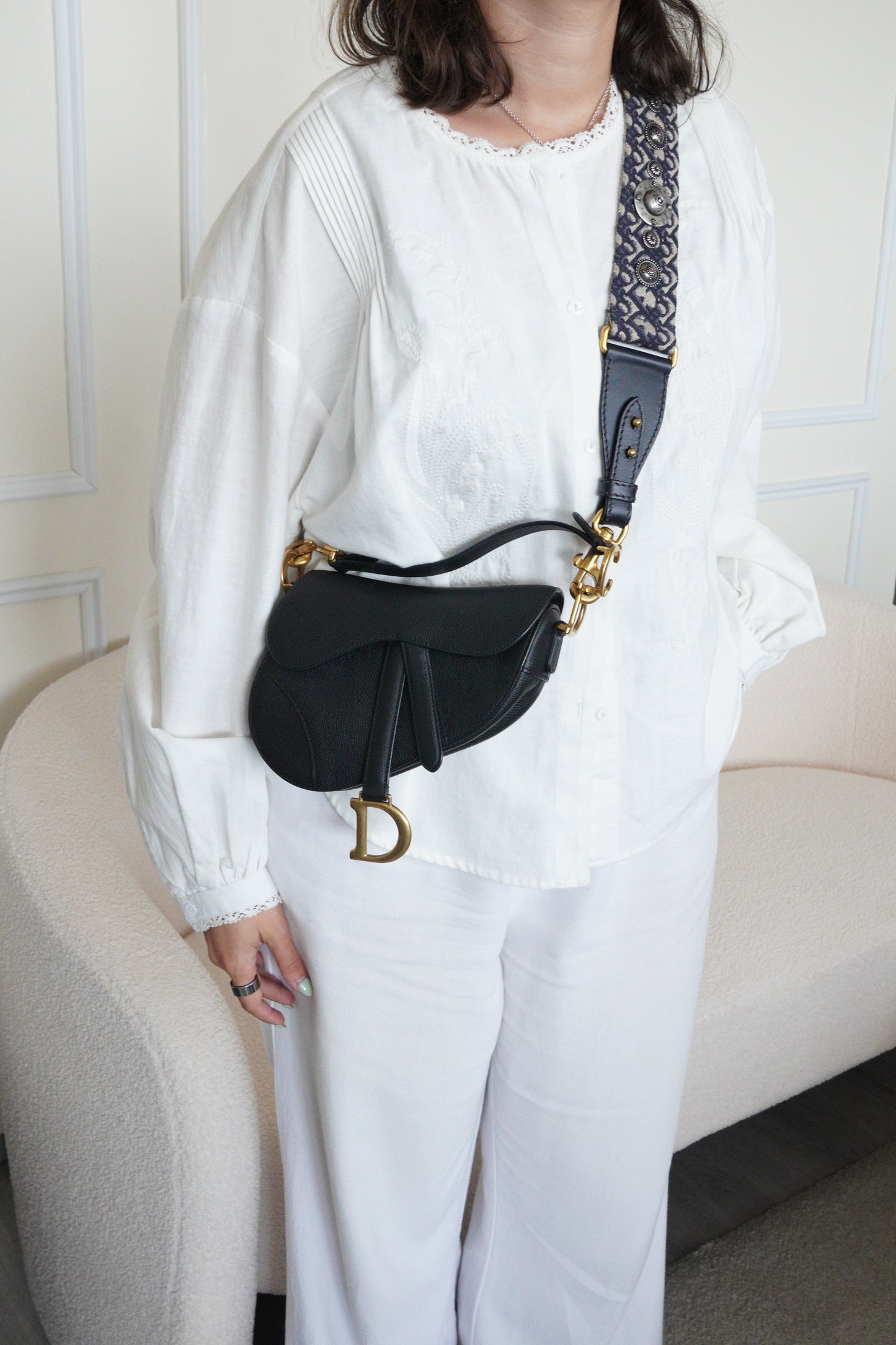 Dior Mini Saddle bag black grained leather with strap