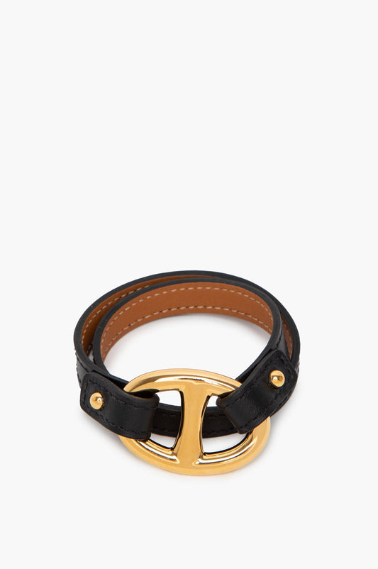 Hermès Gold Plated Black Swift Granville Double Tour Bracelet T1