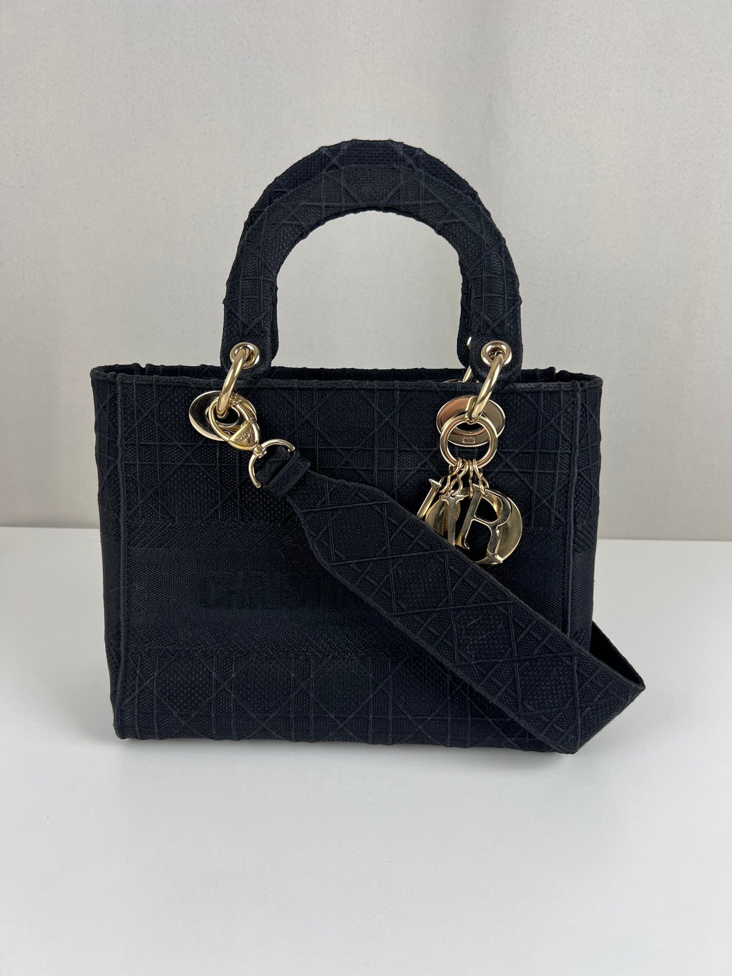 Lady Dior D-lite Black medium fabric bag