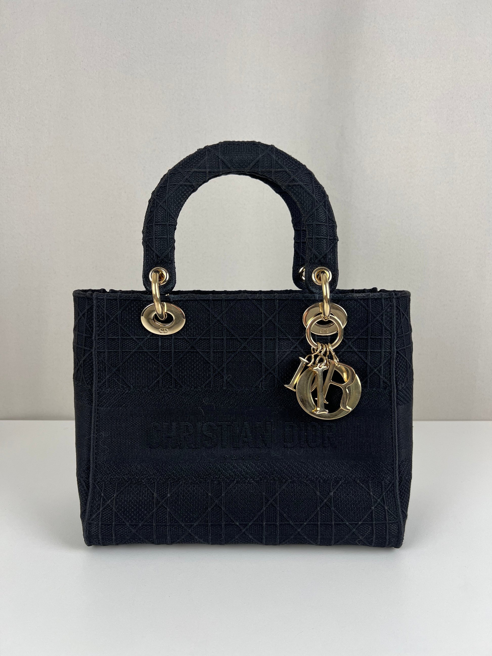 Lady Dior D-lite Black medium fabric bag