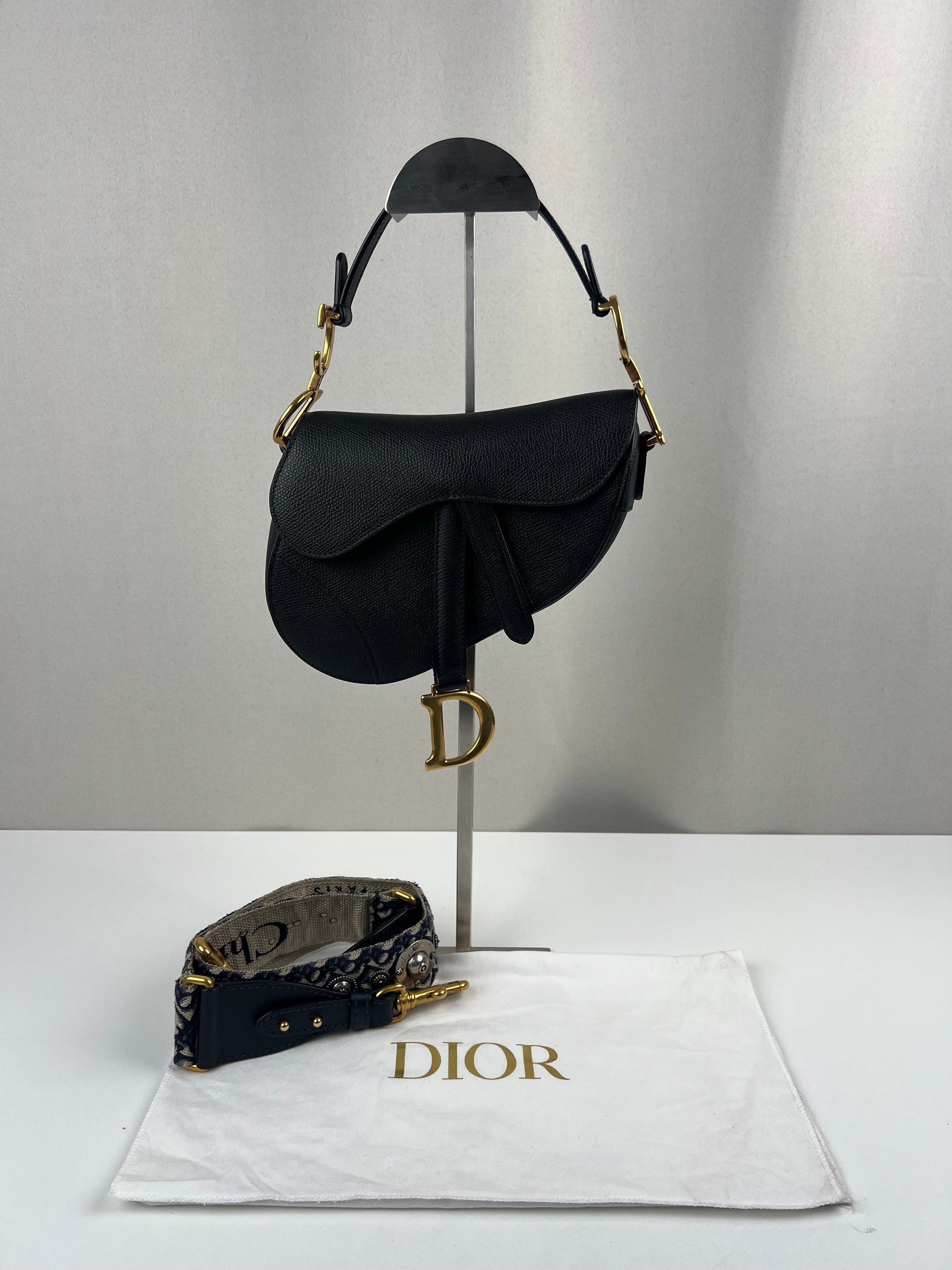 Dior Mini Saddle bag black grained leather with strap
