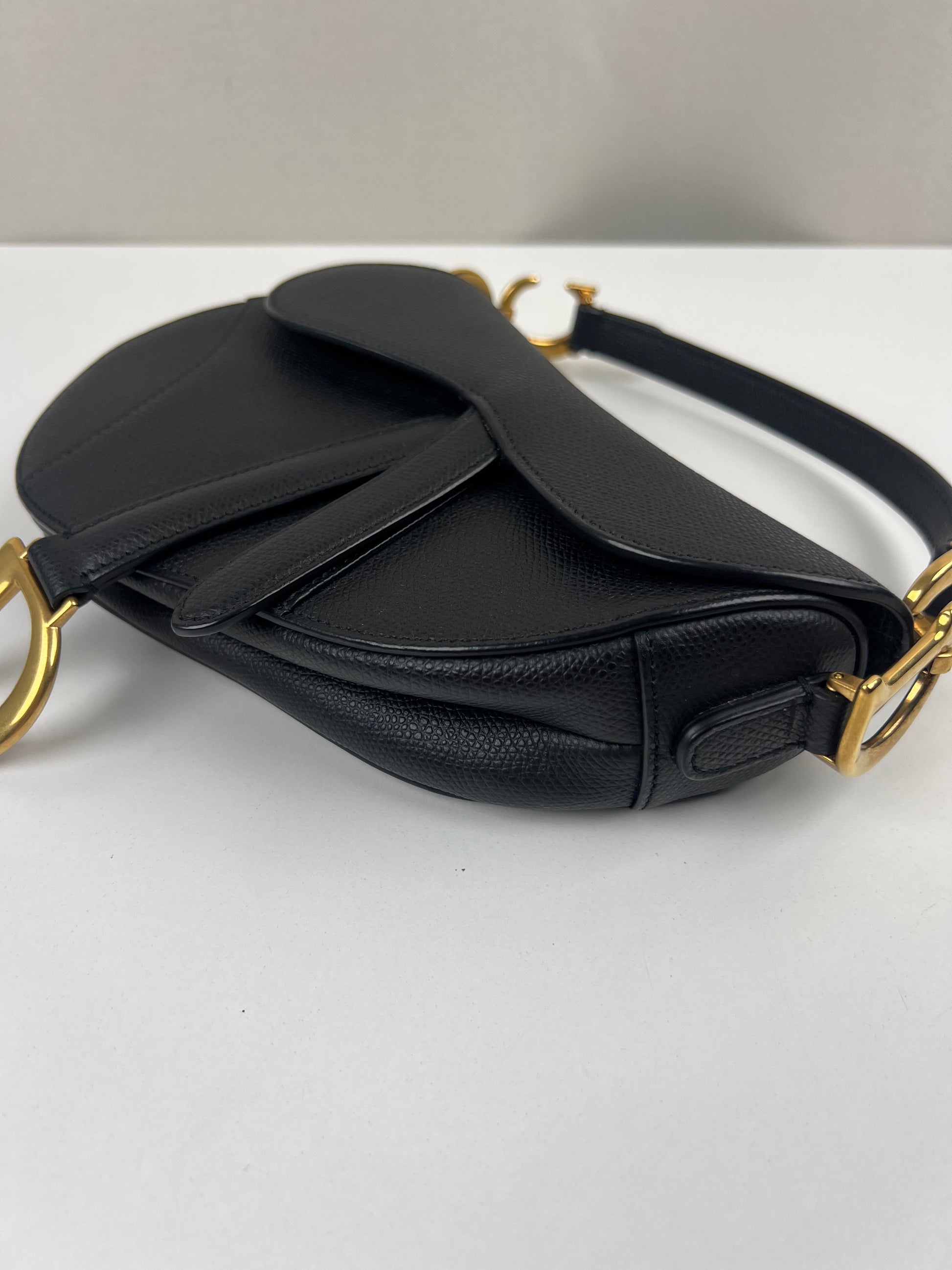 Dior Mini Saddle bag black grained leather with strap