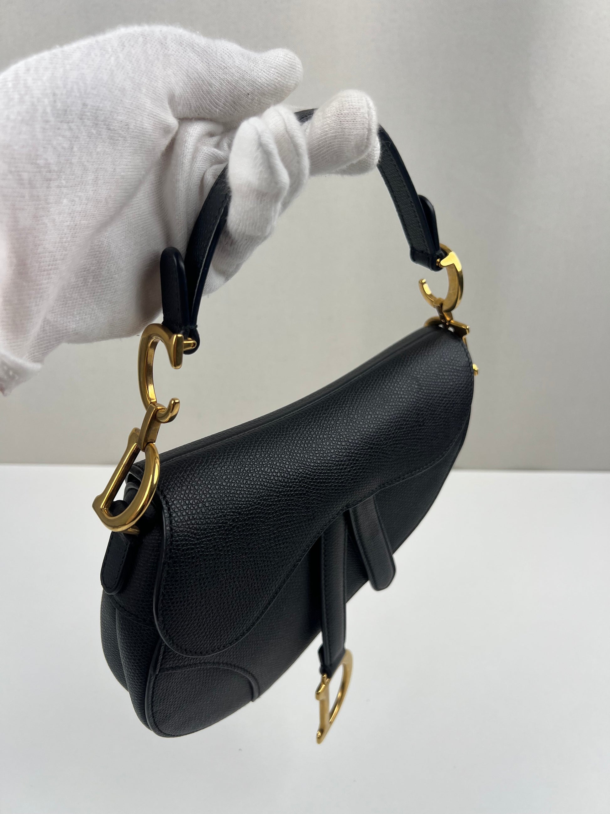 Dior Mini Saddle bag black grained leather with strap