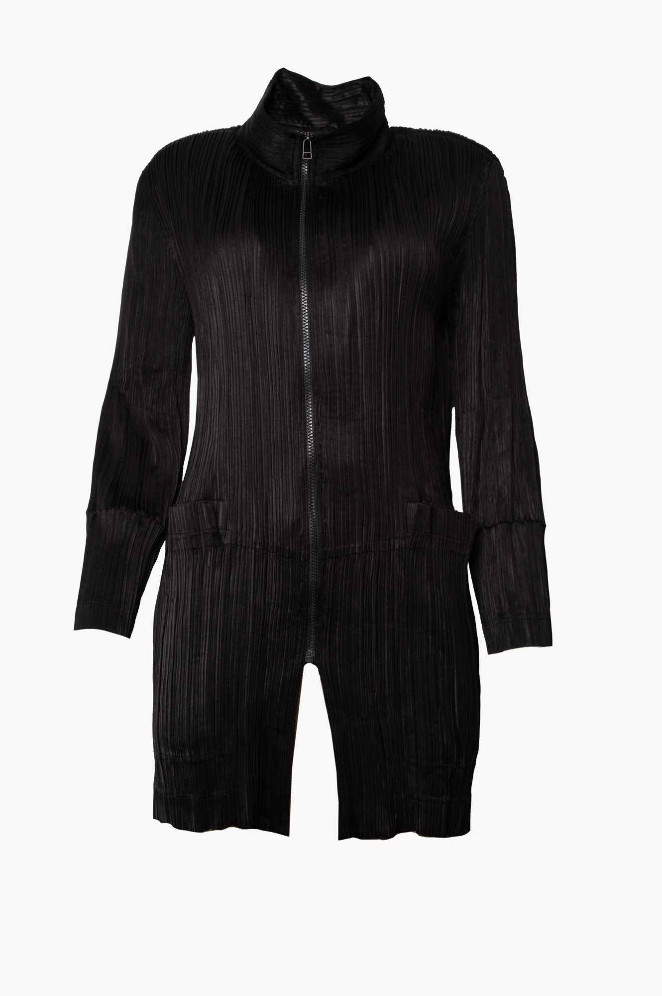 Issey Miyake Black Satin Pleated Zip Jacket Size M