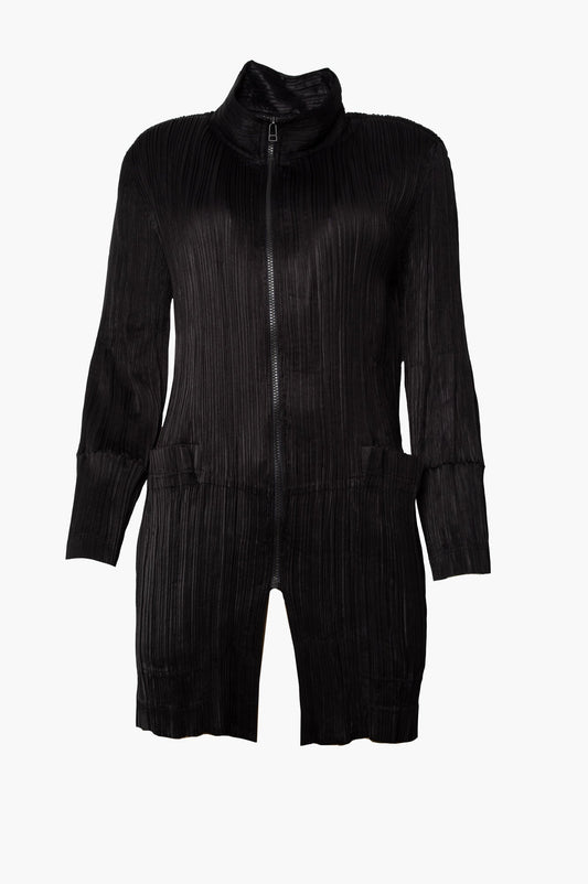 Issey Miyake Black Satin Pleated Zip Jacket Size M