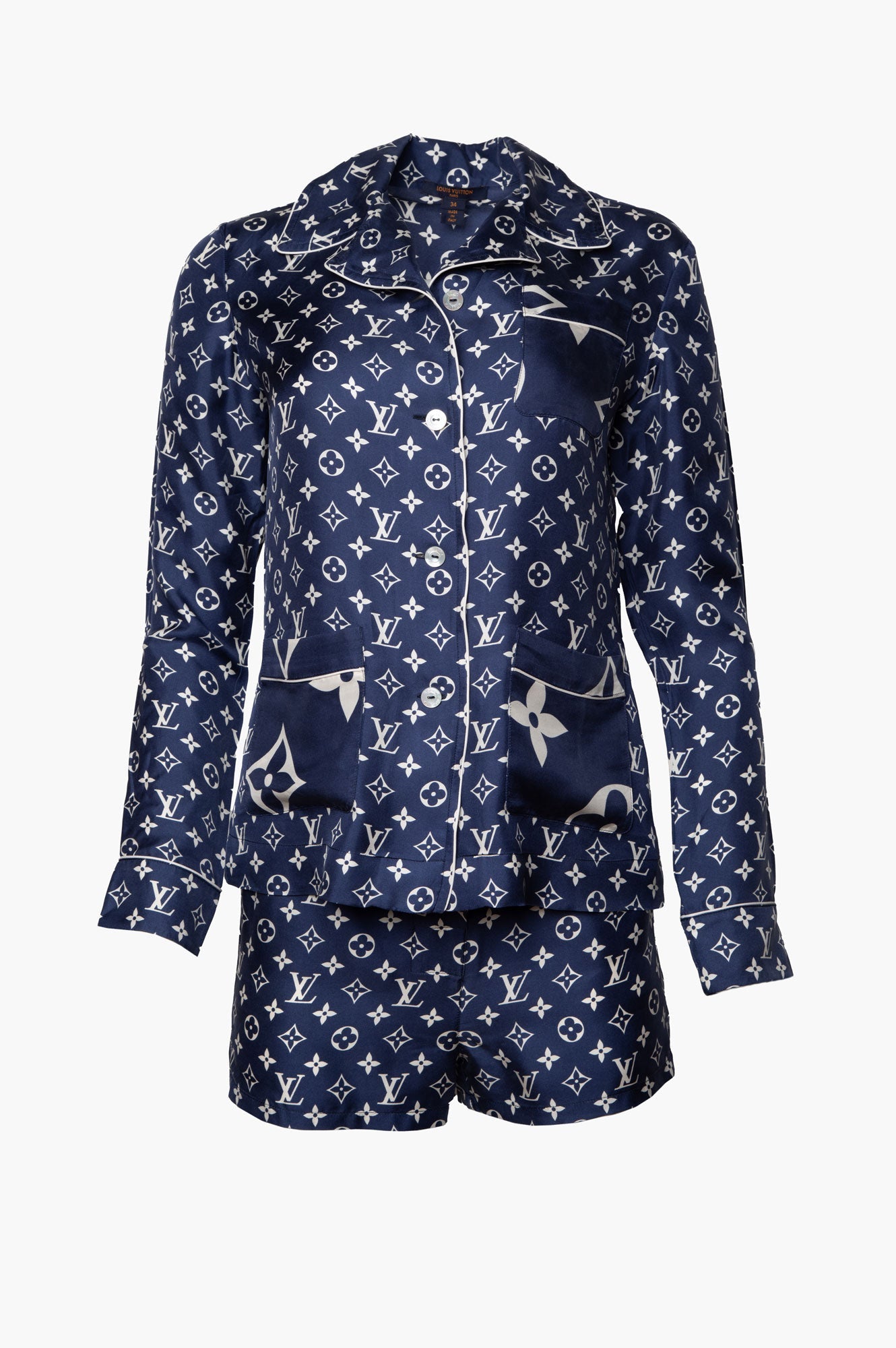 Louis Vuitton Blue Monogram Silk Pajama Shirt Size 34