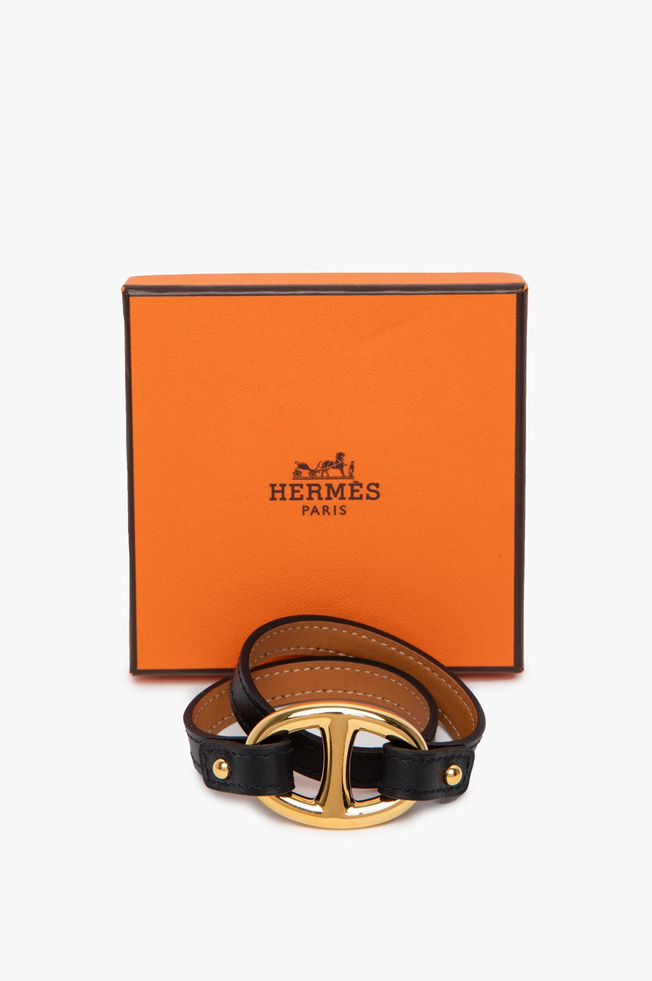 Hermès Gold Plated Black Swift Granville Double Tour Bracelet T1