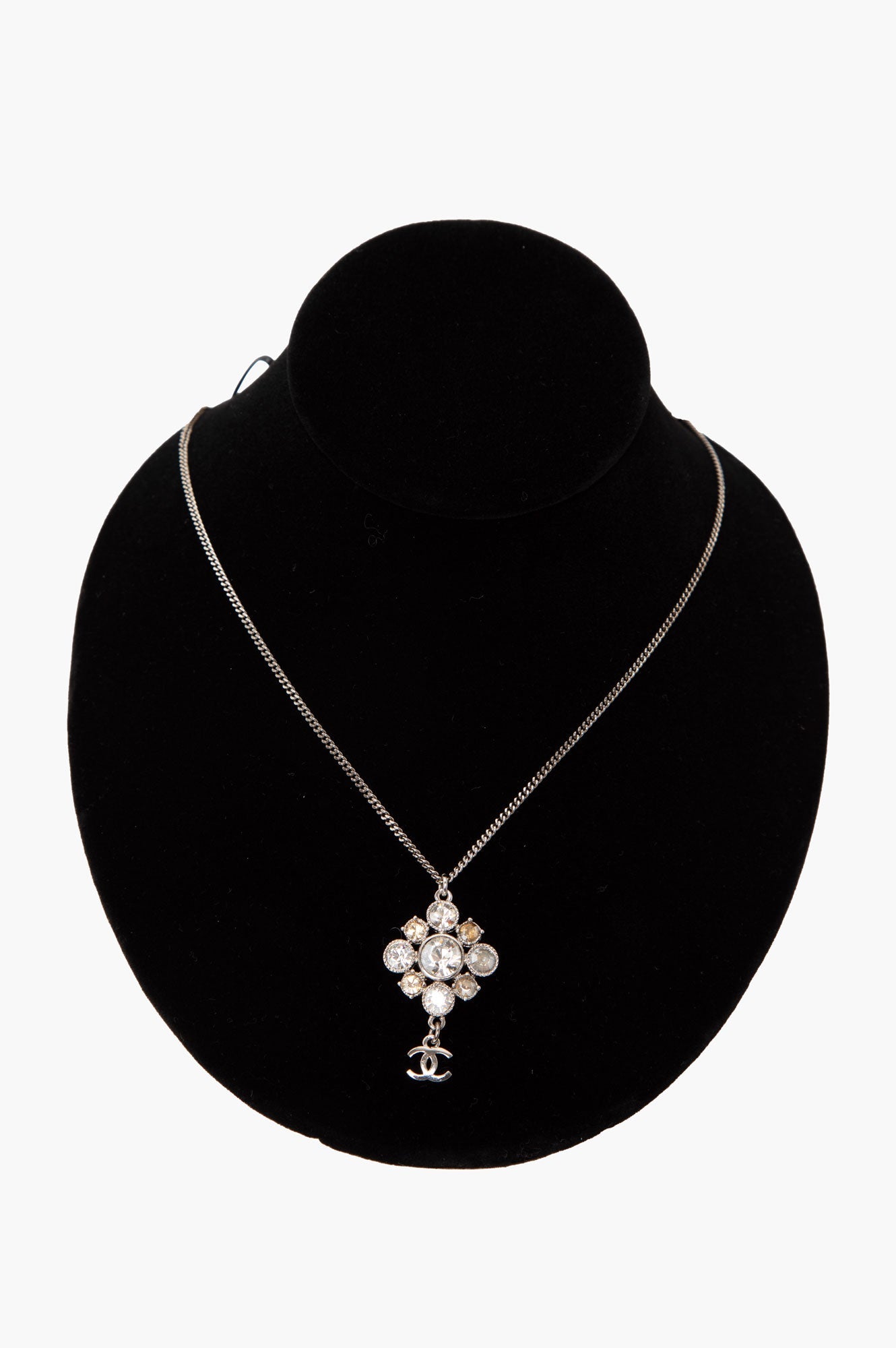 Chanel CC Logo With Diamond Rhinestone Pendant Ruthenium Necklace