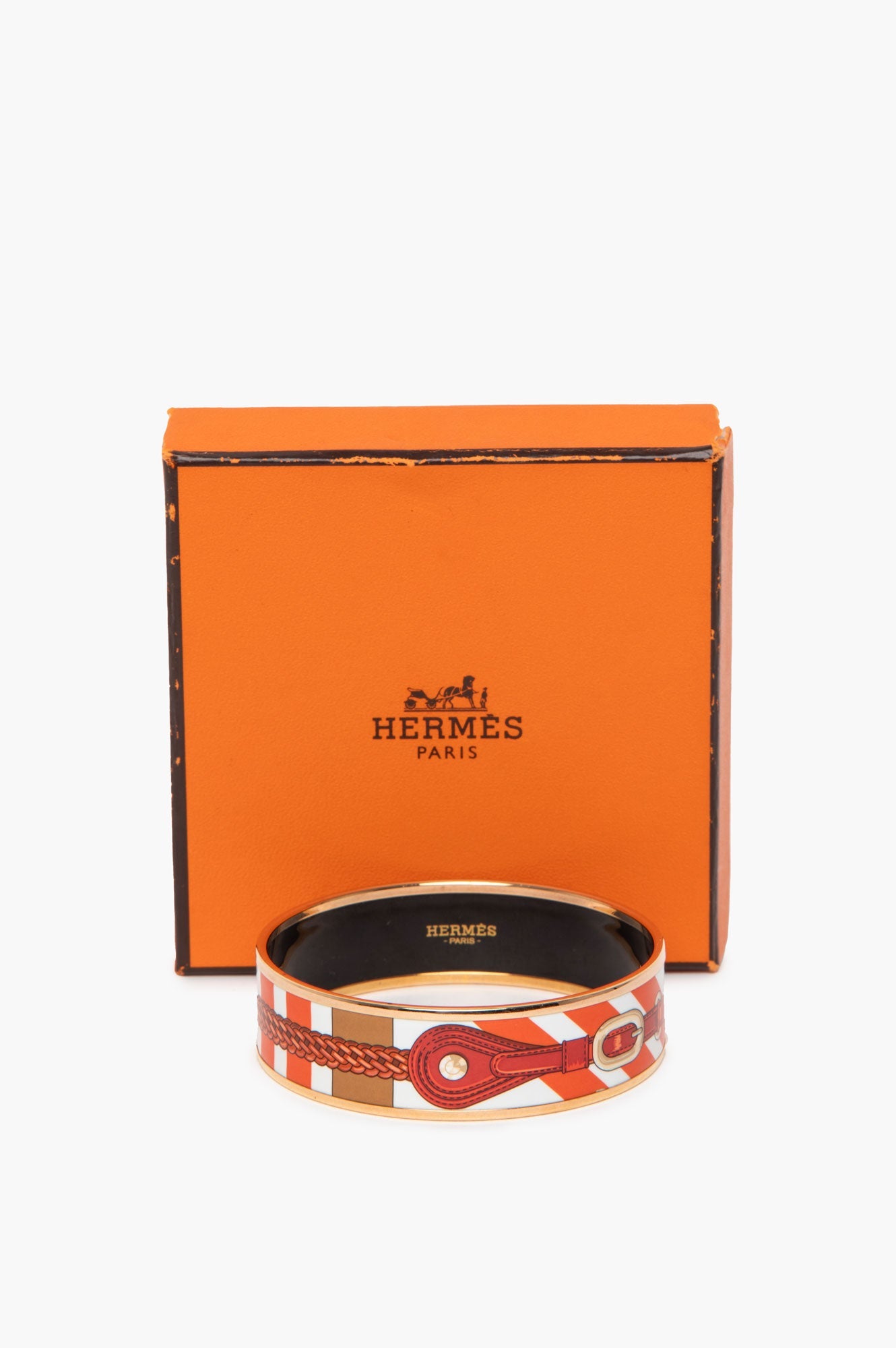 Hermès Rose Gold Plated Coaching Wide Printed Enamel Bangle Bracelet GM