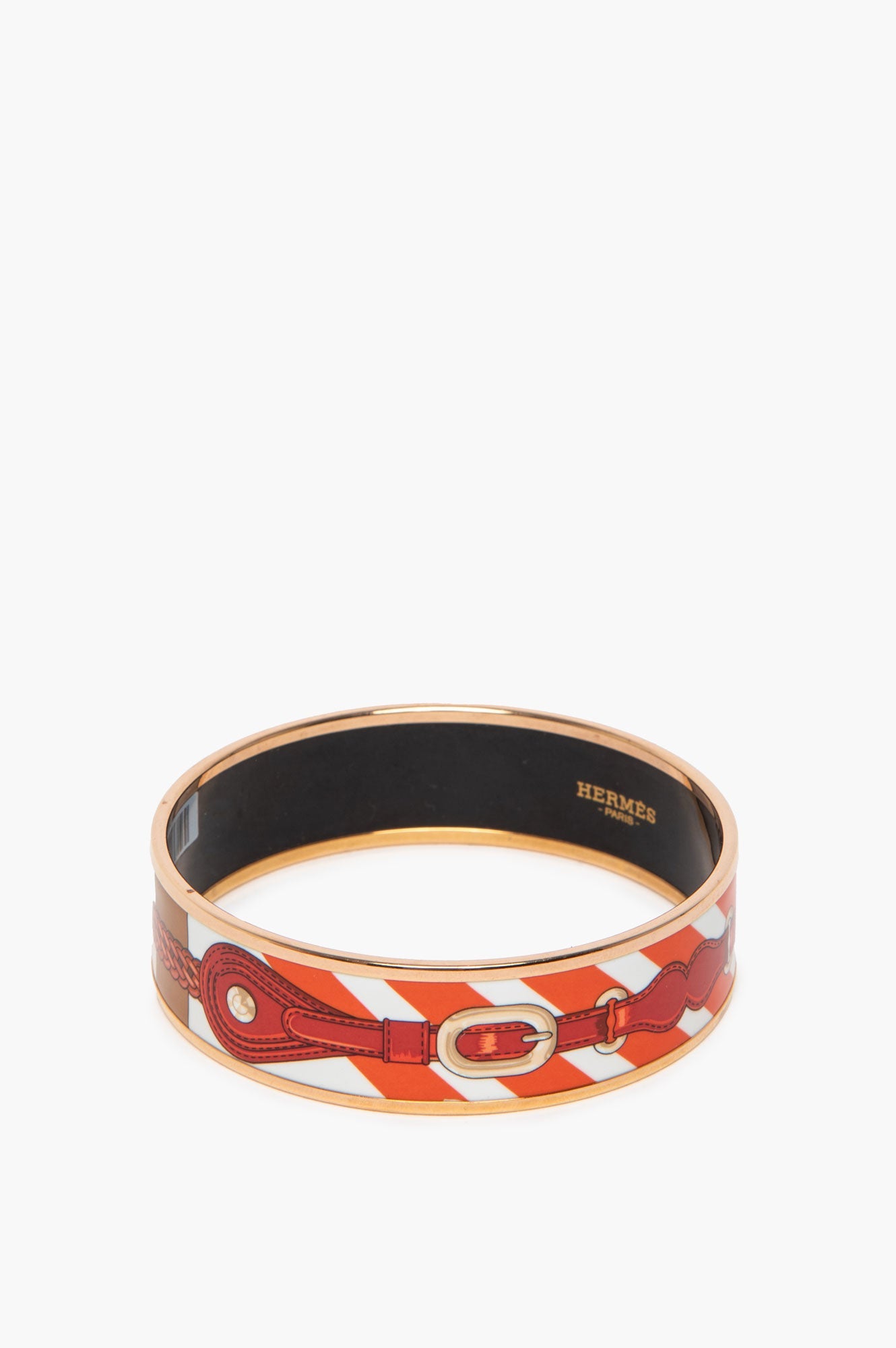 Hermès Rose Gold Plated Coaching Wide Printed Enamel Bangle Bracelet GM
