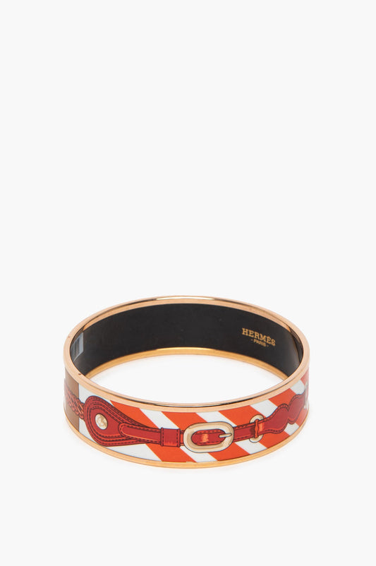 Hermès Rose Gold Plated Coaching Wide Printed Enamel Bangle Bracelet GM