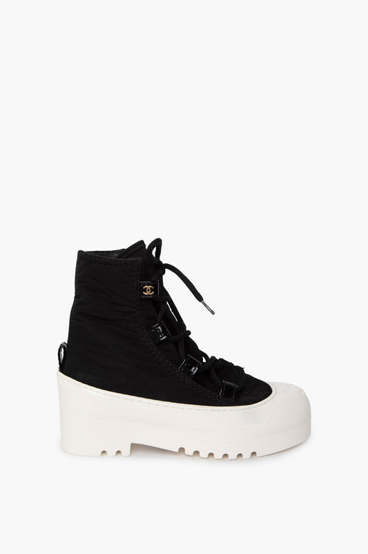 Chanel Black Nylon CC Lace Up Boots Size 36