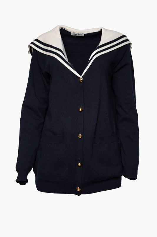 Miu Miu Navy Cashmere Nautical Collar Cardigan 36