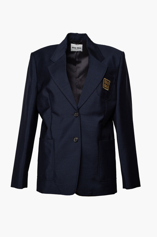 Miu Miu Navy Mohair Logo-Embroidered Blazer Size 38