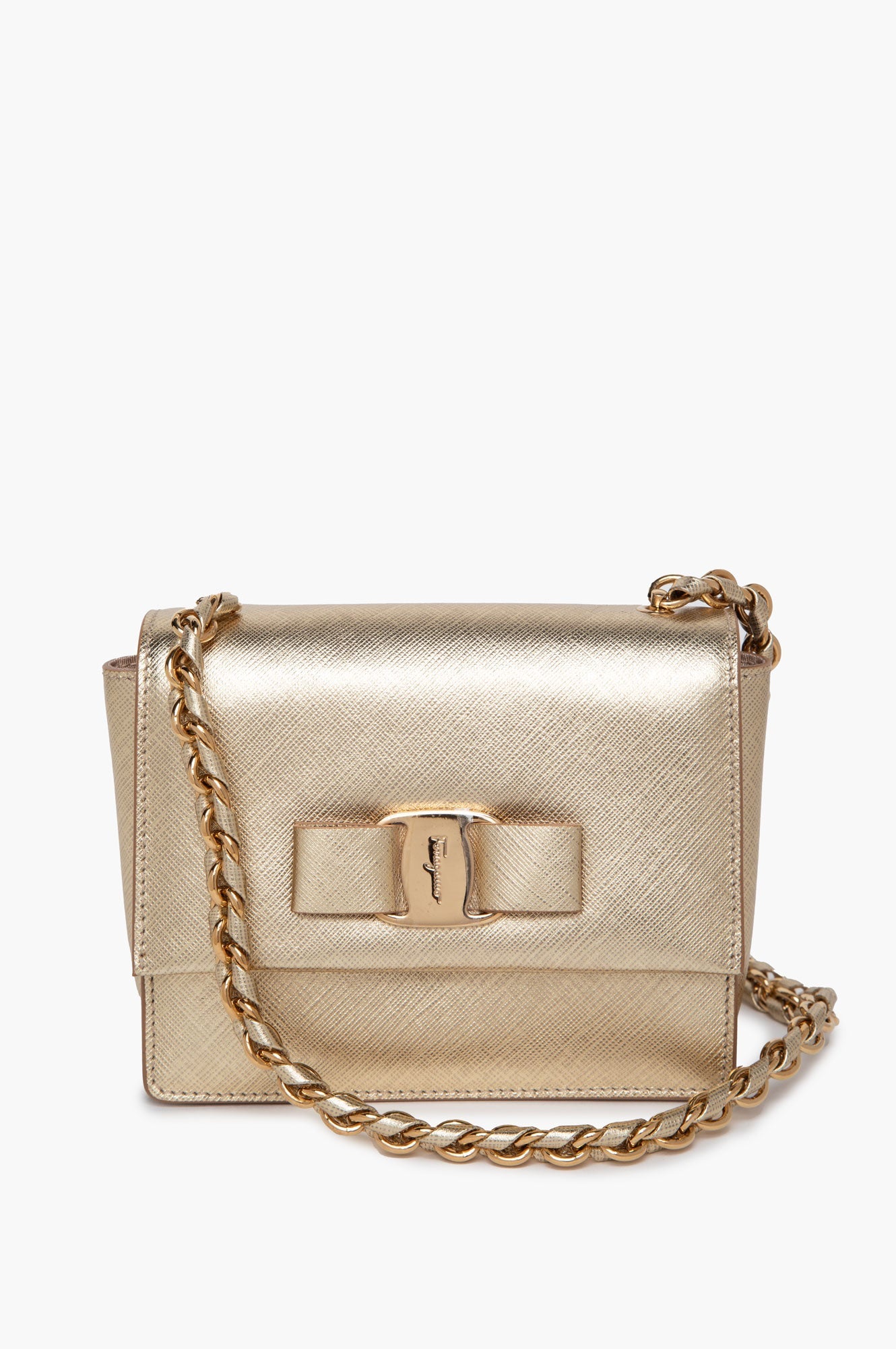 Salvatore Ferragamo Gold Saffiano Leather Vara Bow Mini Crossbody Bag