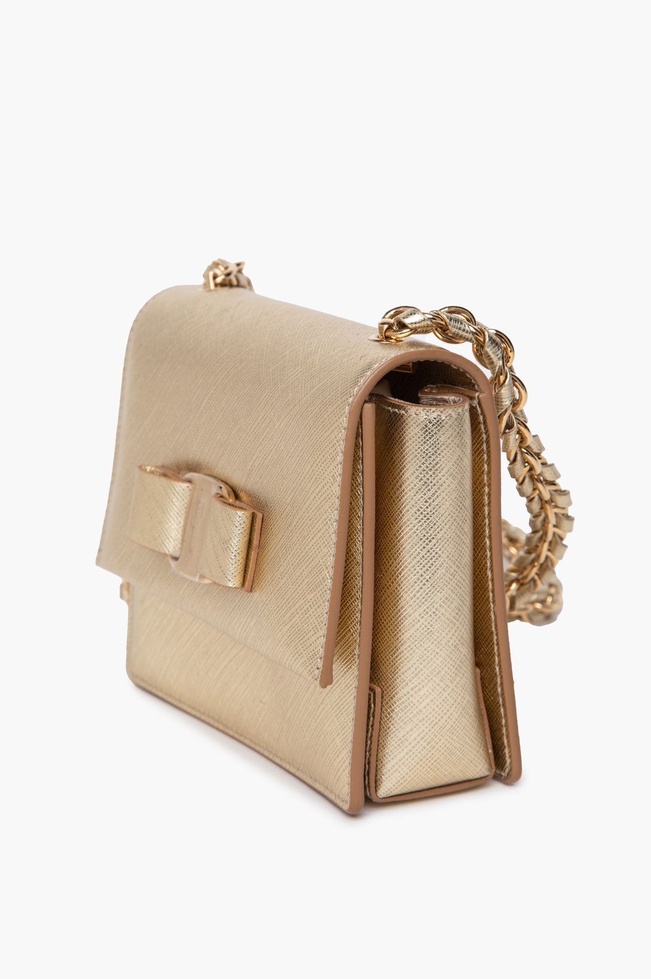 Salvatore Ferragamo Gold Saffiano Leather Vara Bow Mini Crossbody Bag
