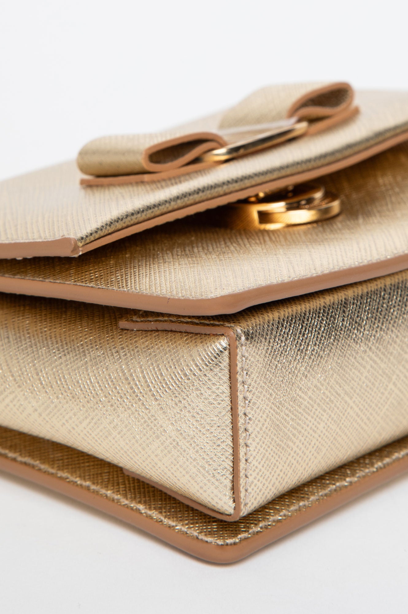 Salvatore Ferragamo Gold Saffiano Leather Vara Bow Mini Crossbody Bag
