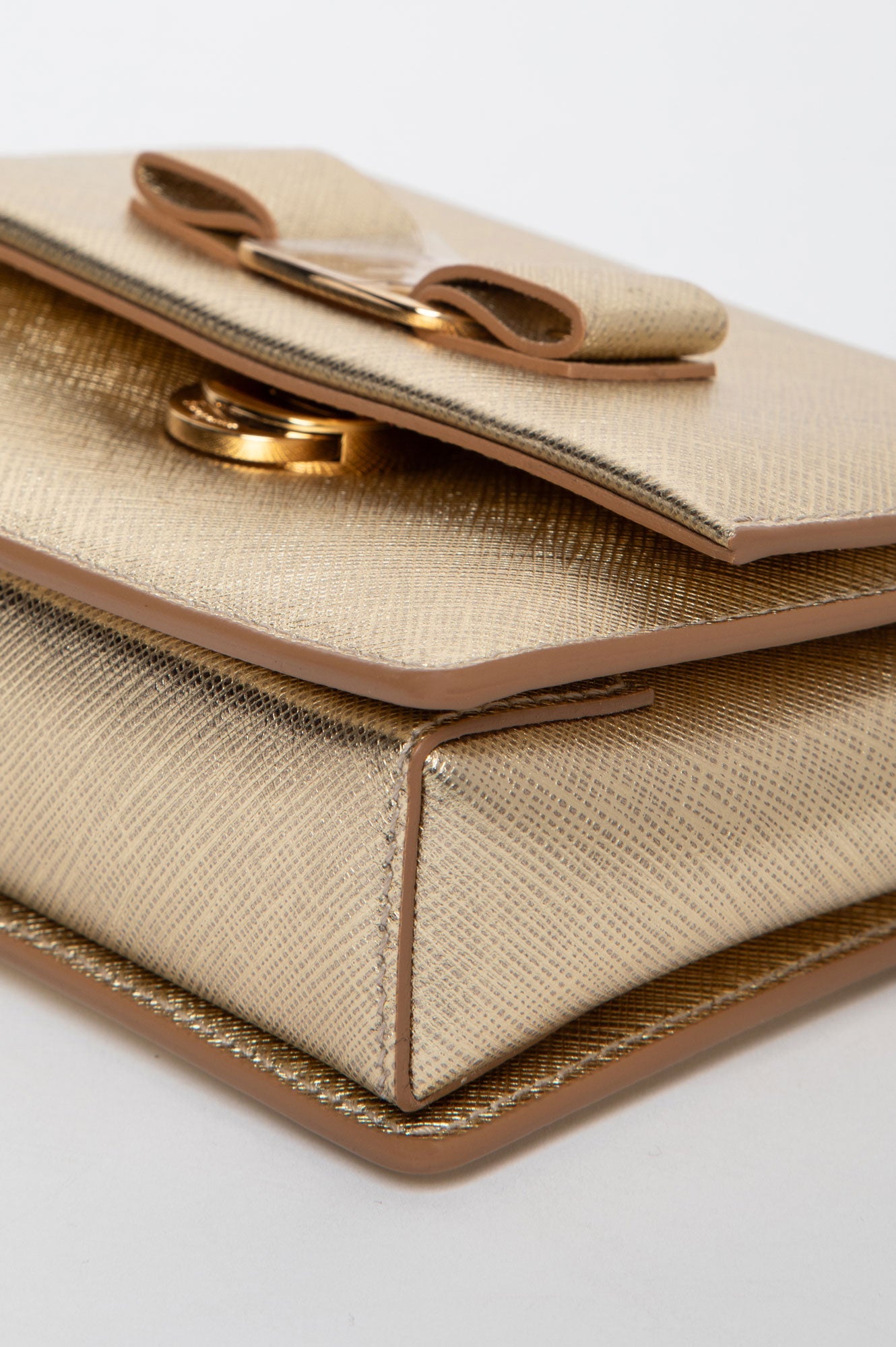 Salvatore Ferragamo Gold Saffiano Leather Vara Bow Mini Crossbody Bag
