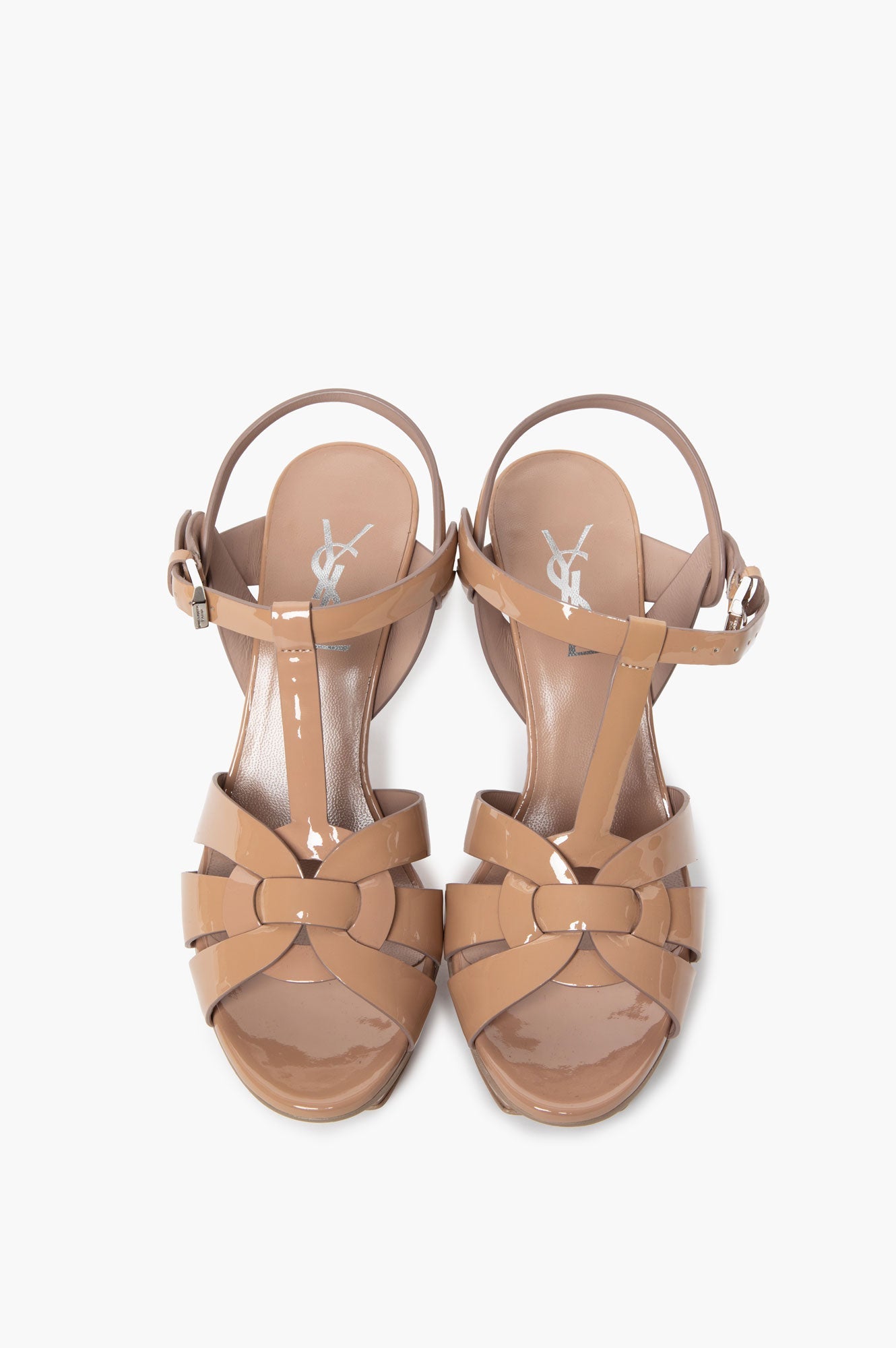 Saint Laurent Beige Patent Tribute Platform Sandals Size 36