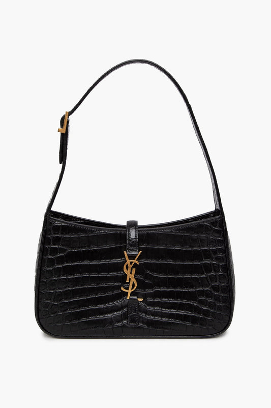 Saint Laurent Black Croc Embossed Shiny Leather Hobo Bag