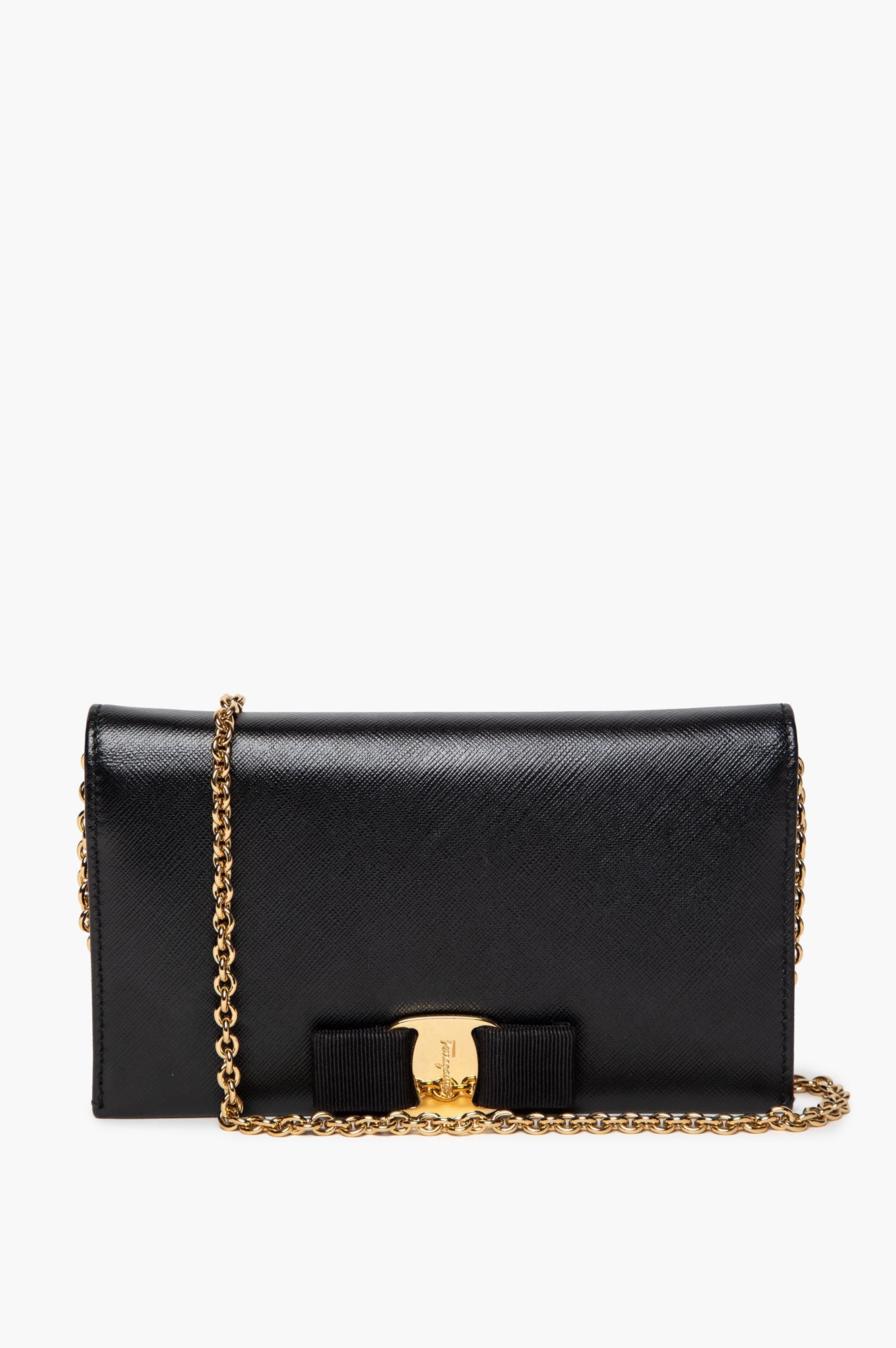 Salvatore Ferragamo Black Leather Vara Bow Wallet On Chain