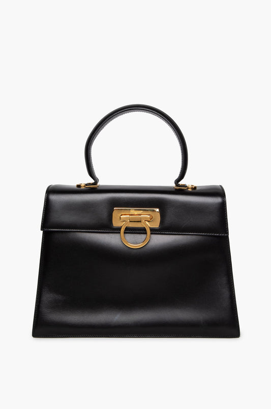 Salvatore Ferragamo Black Shiny Calfskin Gancini Iconic Top Handle Bag with Strap