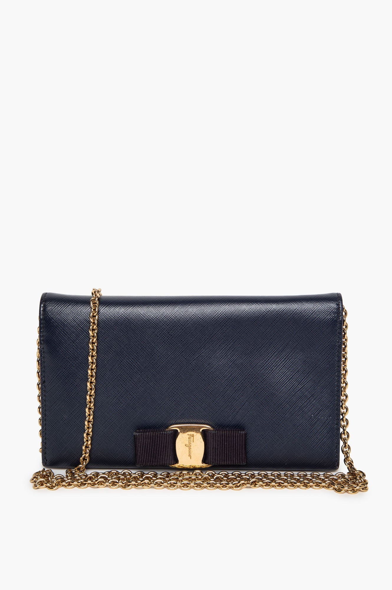 Salvatore Ferragamo Navy Saffiano Leather Vara Bow Chain Wallet